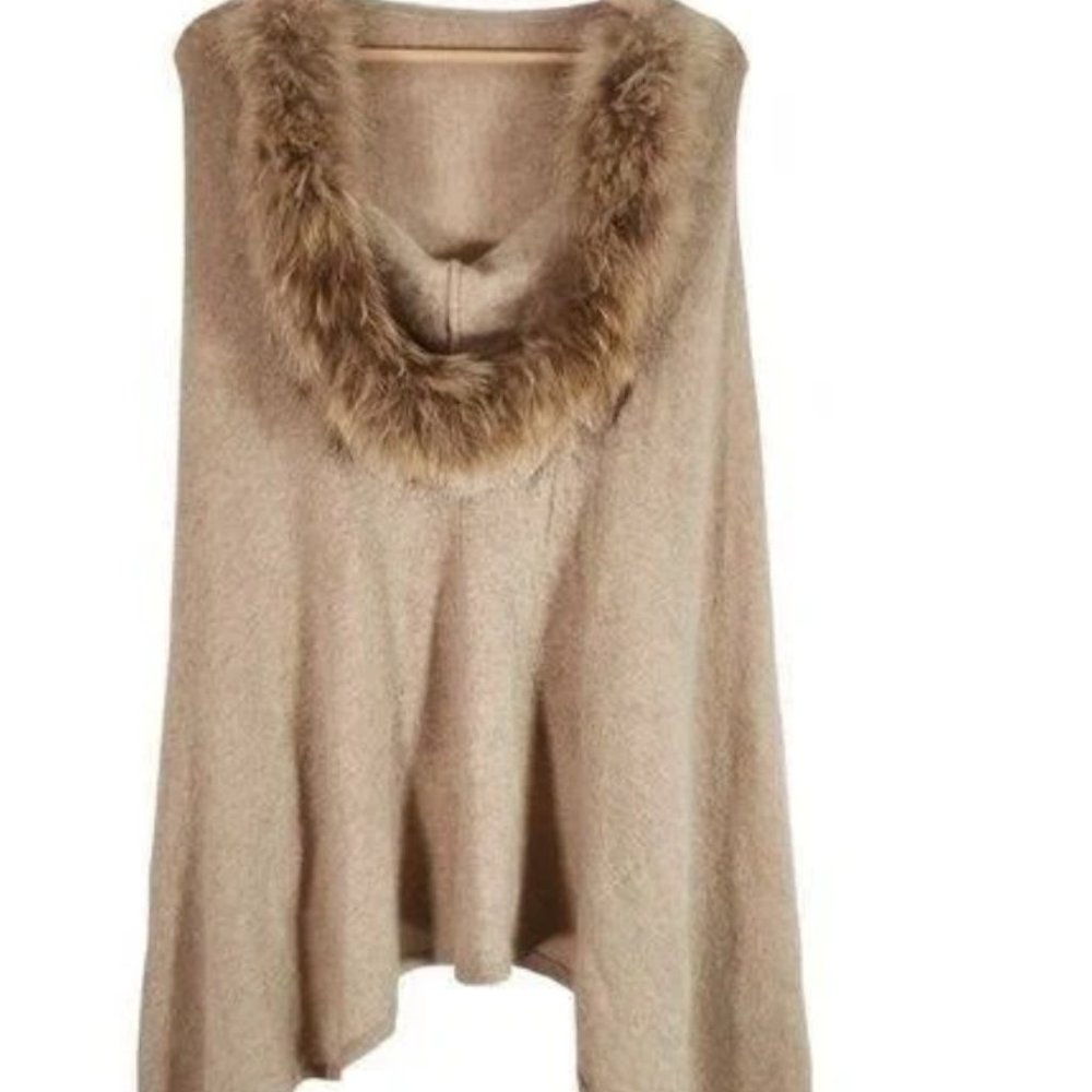 Minnie Rose 100% Cashmere Poncho with Genuine Raccoon Fur Trim